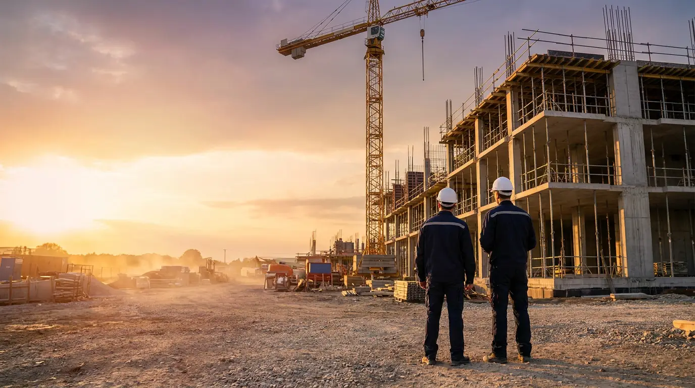 Baustelle eines Bauunternehmens in Wien mit Baukran bei Sonnenuntergang